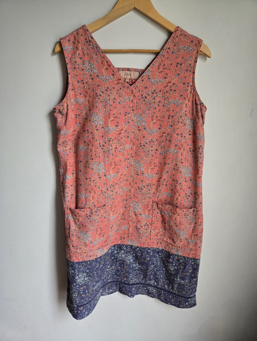 NEXT Coral Floral Sleeveless Linen Blend Mini Dress with Blue Hem